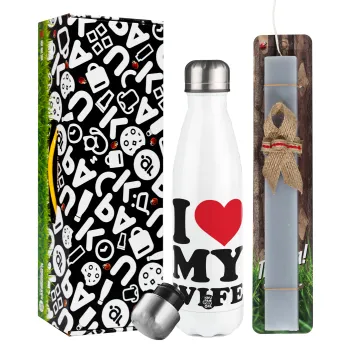 I Love my Wife, Easter candle, metallic white thermos bottle (500ml) & aromatic flat candle (30cm) (GRAY)