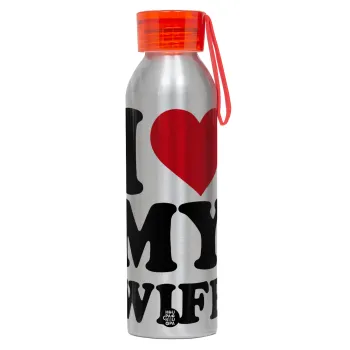 I Love my Wife, Αλουμινένιο Αθλητικό Μπουκάλι 650ml – Ασημί με Κόκκινο Καπάκι και Λουράκι Σιλικόνης