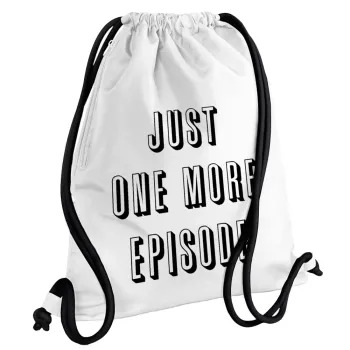 JUST ONE MORE EPISODE, Backpack pouch GYMBAG white, with pocket (40x48cm) & thick cords