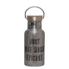 Stainless steel metallic thermos flask, silver with a bamboo lid, double-walled, 350ml.