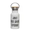 Metallic thermos (Stainless steel) White with wooden lid (bamboo), double-walled, 350ml