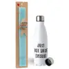 Easter Set, metallic stainless steel water bottle (750ml) & aromatic flat Easter candle (30cm) (TURQUOISE)