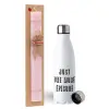 Easter Set, metallic stainless steel water bottle (750ml) & scented flat Easter candle (30cm) (PINK)