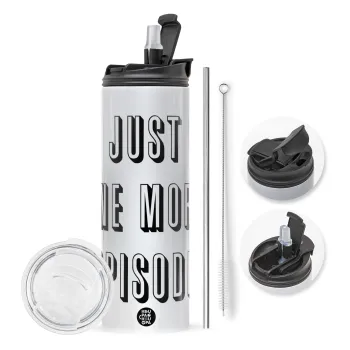 JUST ONE MORE EPISODE, Travel Tumbler 2 Lids, with metal straw & cleaning brush (Stainless steel 304 Food grade, BPA free, 600ml)