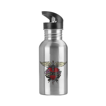 Bon Jovi, Water bottle Silver with straw, stainless steel 600ml