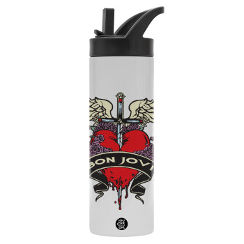 Bon Jovi, Metallic thermos bottle with straw & handle, stainless steel (Stainless steel 304), double-walled, 600ml.