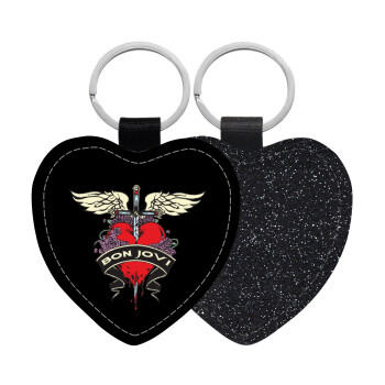 Bon Jovi, Μπρελόκ PU δερμάτινο glitter καρδιά ΜΑΥΡΟ