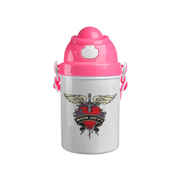Bon Jovi, Ροζ παιδικό παγούρι πλαστικό (BPA-FREE) με καπάκι ασφαλείας, κορδόνι και καλαμάκι, 400ml