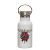 Metallic thermos (Stainless steel) White with wooden lid (bamboo), double-walled, 350ml