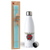 Easter Set, metallic stainless steel water bottle (750ml) & aromatic flat Easter candle (30cm) (TURQUOISE)