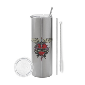 Bon Jovi, Tumbler ποτήρι θερμό Ασημένιο από ανοξείδωτο ατσάλι 600ml, με μεταλλικό καλαμάκι & βούρτσα καθαρισμού