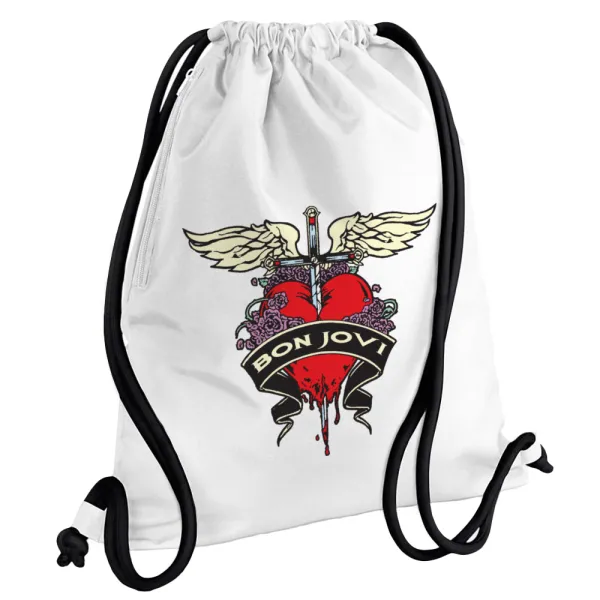 Bon Jovi — Τσάντα πλάτης πουγκί GYMBAG λευκή, με τσέπη (40x48cm) & χονδρά κορδόνια