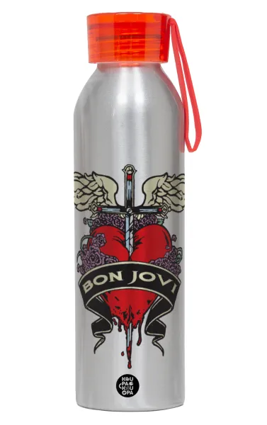 Bon Jovi — Αλουμινένιο Αθλητικό Μπουκάλι 650ml – Ασημί με Κόκκινο Καπάκι και Λουράκι Σιλικόνης