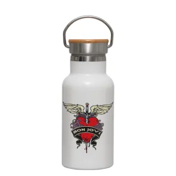 Bon Jovi, Μεταλλικό παγούρι θερμός (Stainless steel) Λευκό με ξύλινο καπακι (bamboo), διπλού τοιχώματος, 350ml