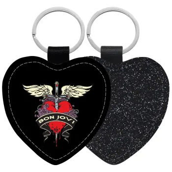 Bon Jovi, Μπρελόκ PU δερμάτινο glitter καρδιά ΜΑΥΡΟ