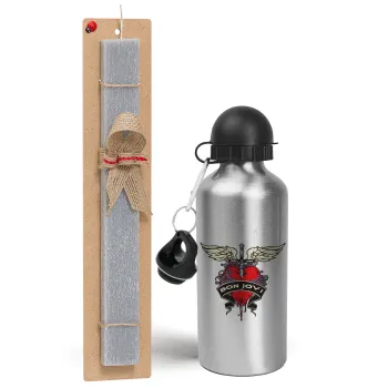 Bon Jovi, Easter Set, metallic silver aluminum water bottle (500ml) & aromatic flat Easter candle (30cm) (GRAY)