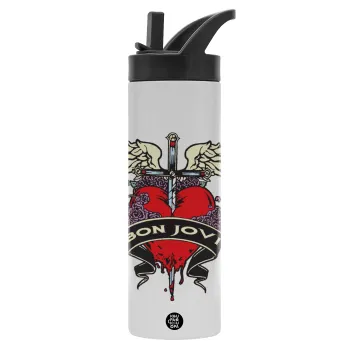 Bon Jovi, Metallic thermos bottle with straw & handle, stainless steel (Stainless steel 304), double-walled, 600ml.