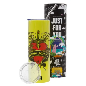 Bon Jovi, Neon Yellow Travel Tumbler θερμό, μεταλλικό καλαμάκι(Ανωξείδωτο 304 Food grade, BPA free, 600ml)