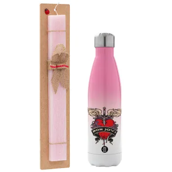 Bon Jovi, Easter Set, Metallic pink/white (Stainless steel) thermos, double-walled, 500ml & aromatic flat Easter candle (30cm) (PINK)