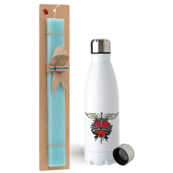 Bon Jovi, Easter Set, metallic stainless steel water bottle (750ml) & aromatic flat Easter candle (30cm) (TURQUOISE)