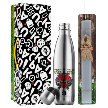 Bon Jovi, Easter Set, metallic stainless thermos flask (500ml) & scented flat Easter candle (30cm) (GRAY)
