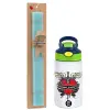 Easter Set, Children's thermal stainless steel bottle with safety straw, green/blue (350ml) & aromatic flat Easter candle (30cm) (TURQUOISE)