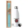 Easter Set, metallic stainless steel water bottle (750ml) & aromatic flat Easter candle (30cm) (TURQUOISE)