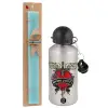 Easter Set, metallic silver aluminum water bottle (500ml) & scented flat Easter candle (30cm) (TURQUOISE)
