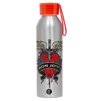 Bon Jovi, Αλουμινένιο Αθλητικό Μπουκάλι 650ml – Ασημί με Κόκκινο Καπάκι και Λουράκι Σιλικόνης