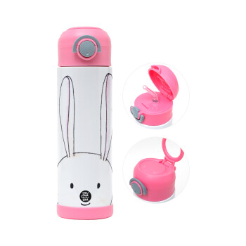 Ο λαγός του πάσχα, Children's hot water bottle, stainless steel, with safety straw, PINK (500ml)