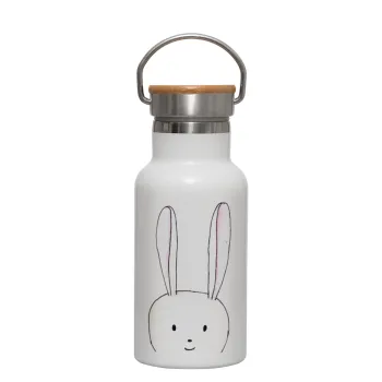 Ο λαγός του πάσχα, Metallic thermos (Stainless steel) White with wooden lid (bamboo), double-walled, 350ml