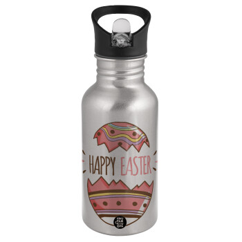Happy easter egg, Water bottle Silver with straw, stainless steel 500ml