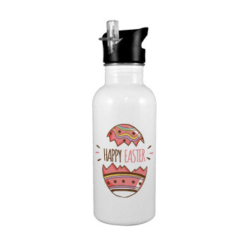Happy easter egg, White water bottle with straw, stainless steel 600ml