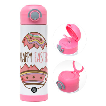 Happy easter egg, Children's hot water bottle, stainless steel, with safety straw, PINK (500ml)