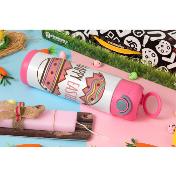Happy easter egg, Easter candle, Childrens hot water bottle, stainless steel, with safety straw, PINK (500ml)