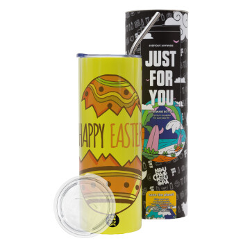 Happy easter egg, Neon Yellow Travel Tumbler θερμό, μεταλλικό καλαμάκι(Ανωξείδωτο 304 Food grade, BPA free, 600ml)