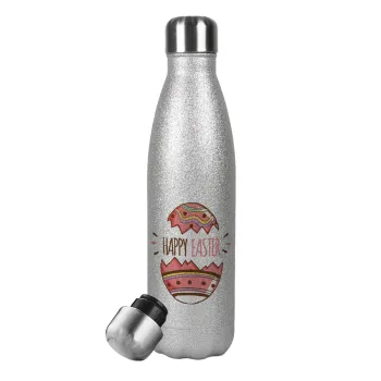 Happy easter egg, Metallic Glitter Silver Thermos Flask (Stainless steel), double-walled, 500ml
