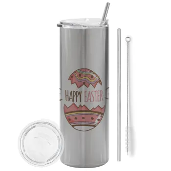 Happy easter egg, Tumbler ποτήρι θερμό Ασημένιο από ανοξείδωτο ατσάλι 600ml, με μεταλλικό καλαμάκι & βούρτσα καθαρισμού