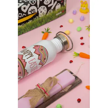 Happy easter egg, Πασχαλινή Λαμπάδα με παγούρι μεταλλικό (620ml, stainless steel) & κερί αρωματικό πλακέ (30cm) (ΡΟΖ)