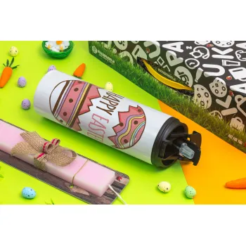 Happy easter egg, Πασχαλινή Λαμπάδα με Travel Tumbler θερμό με διπλό καπάκι (600ml, BPA free) & κερί αρωματικό πλακέ (30cm) (ΡΟΖ)