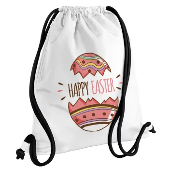 Happy easter egg, Τσάντα πλάτης πουγκί GYMBAG λευκή, με τσέπη (40x48cm) & χονδρά κορδόνια