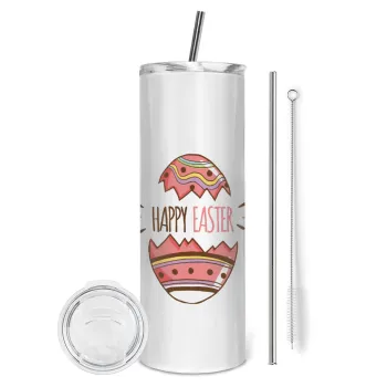 Happy easter egg, Tumbler ποτήρι θερμό από ανοξείδωτο ατσάλι 600ml, με μεταλλικό καλαμάκι & βούρτσα καθαρισμού