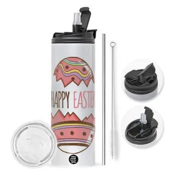 Happy easter egg, Travel Tumbler θερμό με διπλό καπάκι, μεταλλικό καλαμάκι και βούρτσα καθαρισμού (Ανωξείδωτο 304 Food grade, BPA free, 600ml)