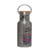 Stainless steel metallic thermos flask, silver with a bamboo lid, double-walled, 350ml.