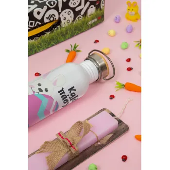 Καλό πάσχα, Πασχαλινή Λαμπάδα με παγούρι μεταλλικό (620ml, stainless steel) & κερί αρωματικό πλακέ (30cm) (ΡΟΖ)