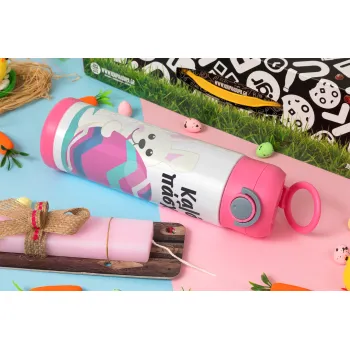 Καλό πάσχα, Πασχαλινή Λαμπάδα με Παιδικό παγούρι θερμό, ανοξείδωτο, με καλαμάκι ασφαλείας, ΡΟΖ (500ml)