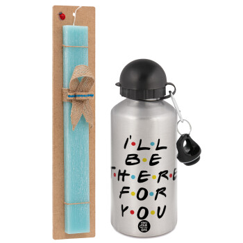 Friends i i'll be there for you, Easter Set, metallic silver aluminum water bottle (500ml) & scented flat Easter candle (30cm) (TURQUOISE)