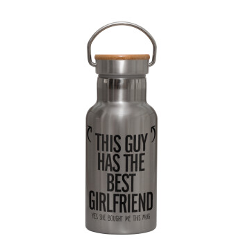 This guy has the best Girlfriend, Stainless steel metallic thermos flask, silver with a bamboo lid, double-walled, 350ml.