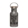 Stainless steel metallic thermos flask, silver with a bamboo lid, double-walled, 350ml.