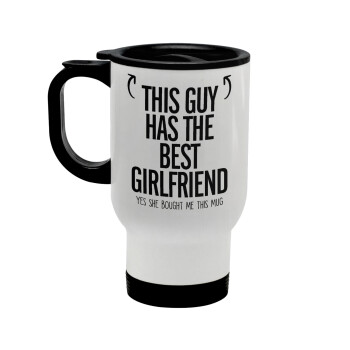 This guy has the best Girlfriend, Stainless steel travel mug with lid, double wall white 450ml